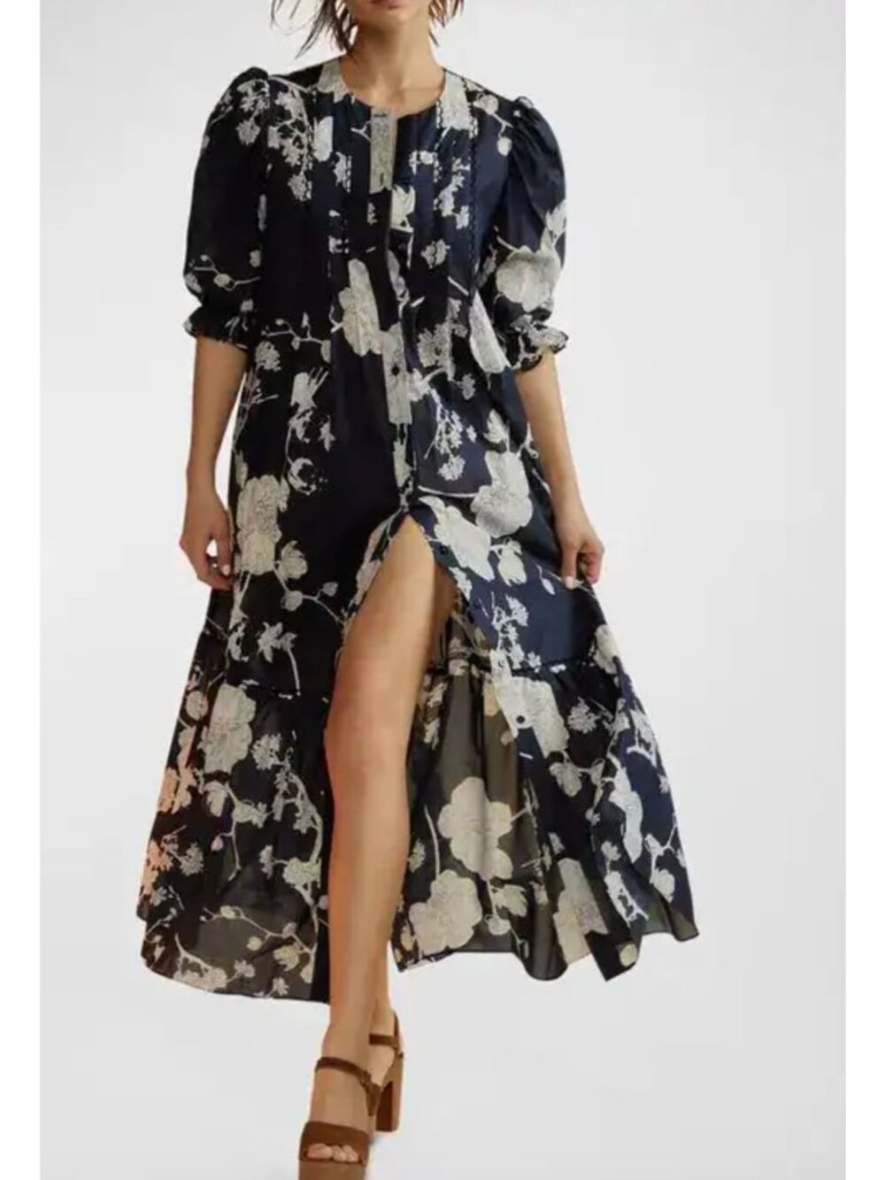NWT CYNTHIA ROWLEY izra puff sleeve floral print pintuck midi dress navy medium